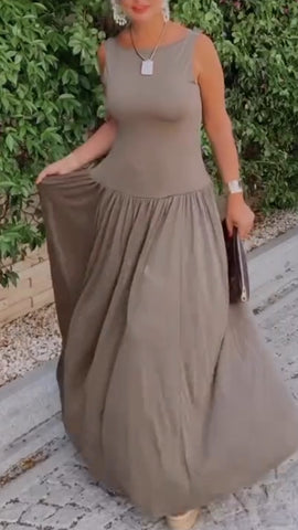 Damska sukienka swobodna z okrągłym dekoltem i łączeniem w jednolitym kolorze