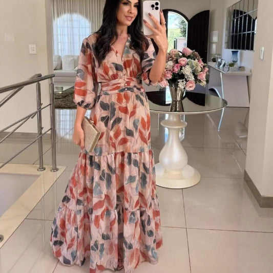 Damska nowa letnia modna sukienka midi z dekoltem V i eleganckim nadrukiem