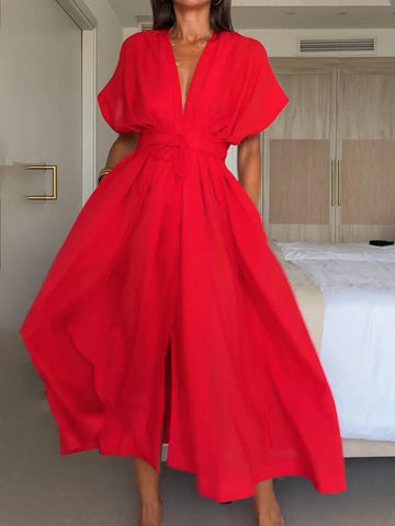 Damska sukienka midi z dekoltem w serek i sznurowaniem