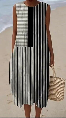 Damska sukienka swobodna z bawełny i lnu z nadrukiem