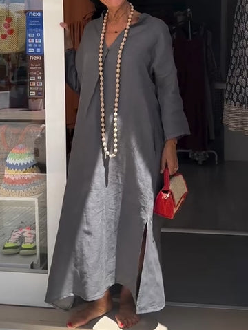 Damska sukienka casualowa z dekoltem w serek z bawełny i lnu