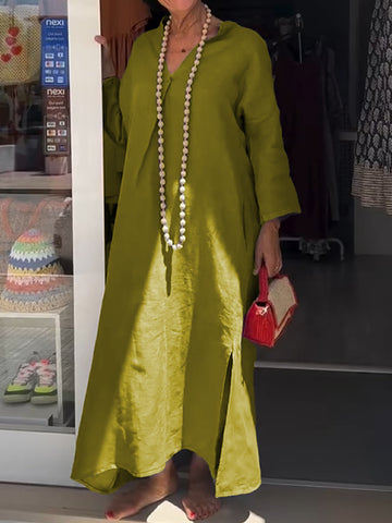 Damska sukienka casualowa z dekoltem w serek z bawełny i lnu