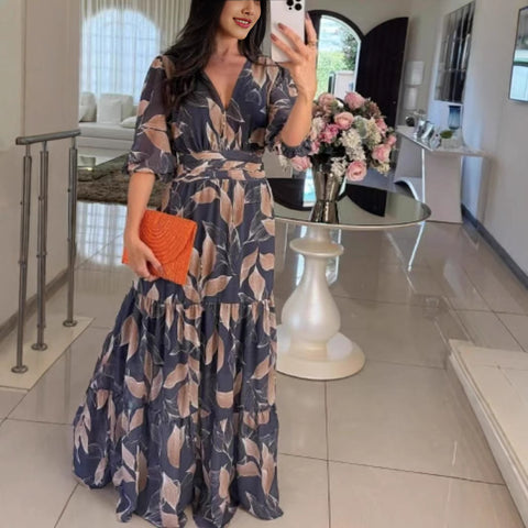 Damska nowa letnia modna sukienka midi z dekoltem V i eleganckim nadrukiem