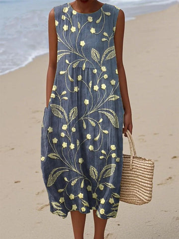 Damska sukienka bez rękawów z nadrukiem kwiatowym, bawełniana i lniana
