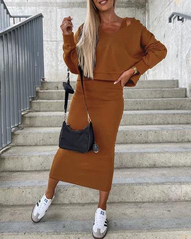 Damska sukienka bez rękawów i krótka bluza z kapturem – 2-częściowy zestaw🍁