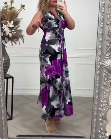 Sukienka plisowana bez rękawów z nadrukiem kwiatowym, elegancka