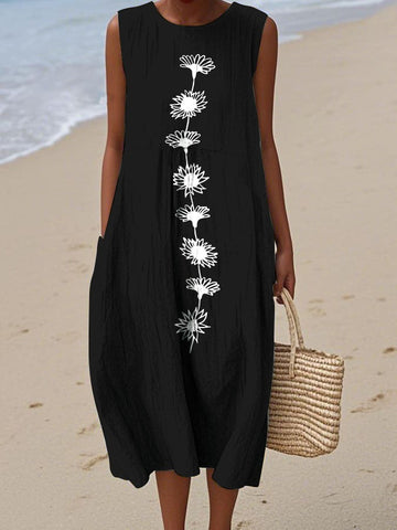Damska sukienka bez rękawów z okrągłym dekoltem i nadrukiem
