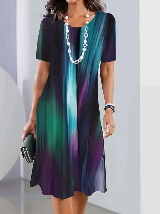 Damska sukienka casualowa z okrągłym dekoltem i krótkim rękawem, z nadrukiem