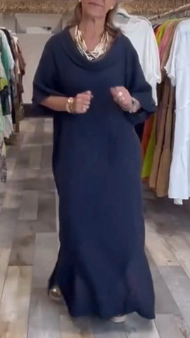 Damska jednokolorowa, swobodna, rozcięta bawełniana sukienka