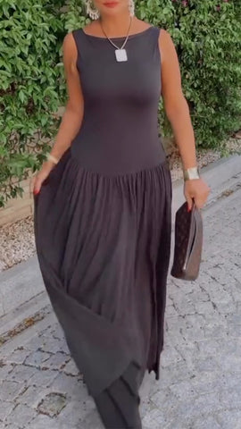 Damska sukienka swobodna z okrągłym dekoltem i łączeniem w jednolitym kolorze