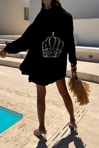 Damska koszula na co dzień z klapami i koroną, z nadrukiem