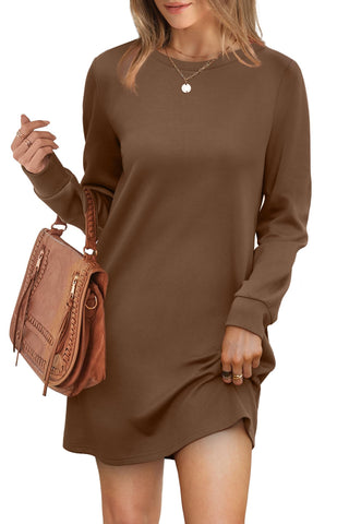 Damska sukienka mini z okrągłym dekoltem i kieszeniami z długim rękawem