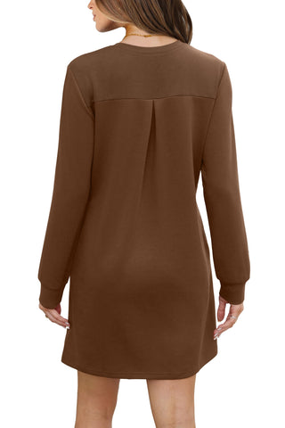 Damska sukienka mini z okrągłym dekoltem i kieszeniami z długim rękawem