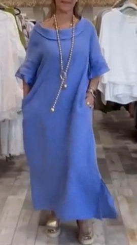 Damska jednokolorowa, swobodna, rozcięta bawełniana sukienka