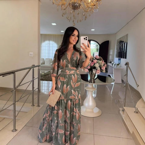 Damska nowa letnia modna sukienka midi z dekoltem V i eleganckim nadrukiem