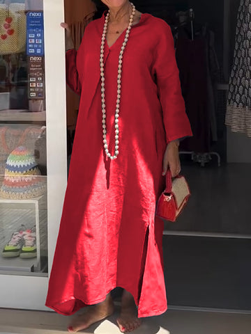 Damska sukienka casualowa z dekoltem w serek z bawełny i lnu