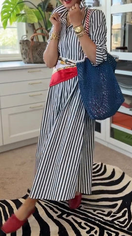 Damska luźna sukienka swobodna z pionowymi paskami i klapami