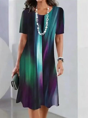 Damska sukienka casualowa z okrągłym dekoltem i krótkim rękawem, z nadrukiem