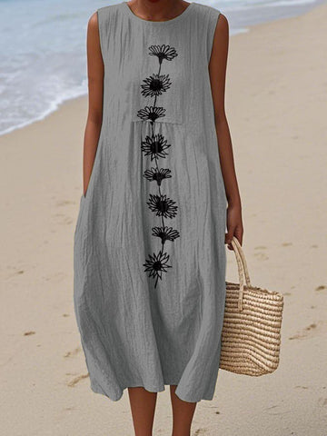 Damska sukienka bez rękawów z okrągłym dekoltem i nadrukiem