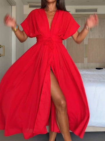 Damska sukienka midi z dekoltem w serek i sznurowaniem