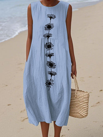 Damska sukienka bez rękawów z okrągłym dekoltem i nadrukiem