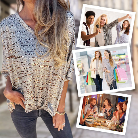 Damska luźna koszulka z krótkim rękawem i dekoltem w serek, nadrukiem w panterkę