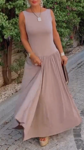 Damska sukienka swobodna z okrągłym dekoltem i łączeniem w jednolitym kolorze