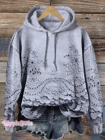 Damska bluza z kapturem i kieszeniami, z teksturą i kwiatowymi wzorami, w stylu casual