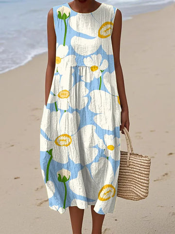 Damska sukienka bez rękawów z okrągłym dekoltem i nadrukiem