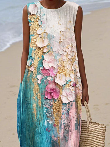 Damska sukienka casualowa z okrągłym dekoltem i nadrukiem bez rękawów