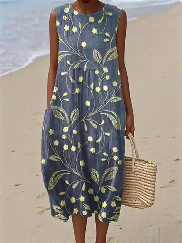 Damska sukienka bez rękawów z nadrukiem kwiatowym, bawełniana i lniana