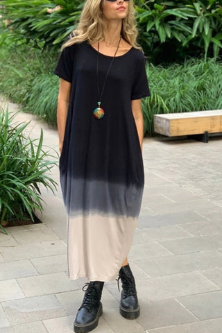 Damska luźna sukienka swobodna z okrągłym dekoltem i kontrastowym wykończeniem