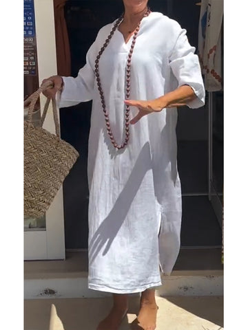 Damska sukienka casualowa z dekoltem w serek z bawełny i lnu