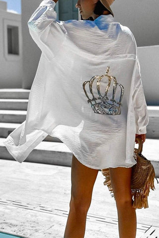 Damska koszula na co dzień z klapami i koroną, z nadrukiem