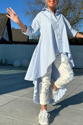 Damska plisowana nieregularna koszula z klapami, luźna i długa