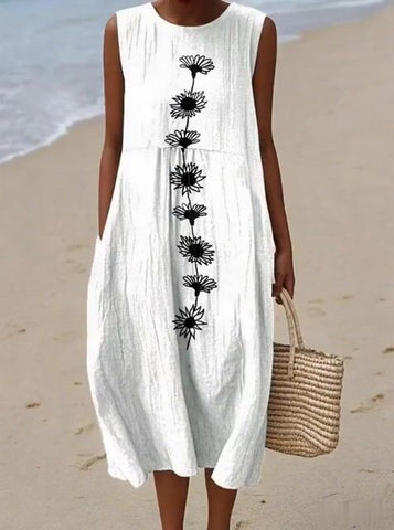 Damska sukienka bez rękawów z okrągłym dekoltem i nadrukiem