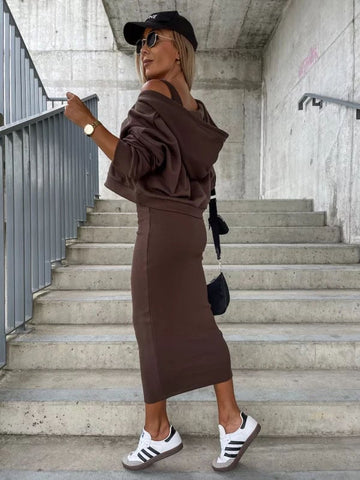 Damska sukienka bez rękawów i krótka bluza z kapturem – 2-częściowy zestaw🍁