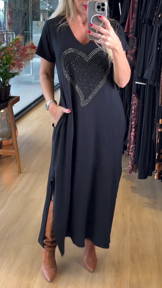 Damska sukienka na co dzień z dekoltem w serek i rozcięciem z kryształkami