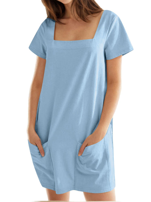 Damska sukienka mini z kwadratowym dekoltem i kieszeniami