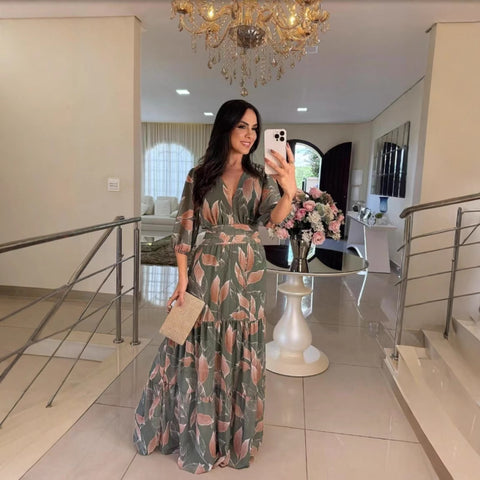 Damska nowa letnia modna sukienka midi z dekoltem V i eleganckim nadrukiem