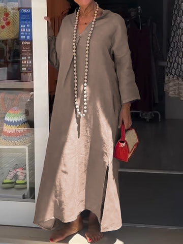 Damska sukienka casualowa z dekoltem w serek z bawełny i lnu