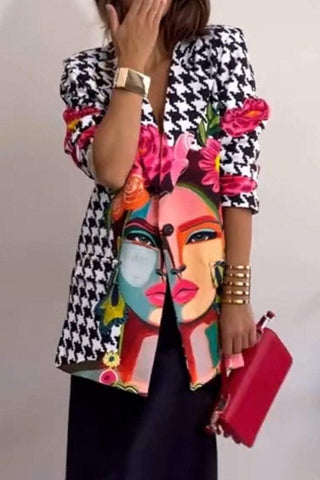 Damska marynarka garniturowa z klapami i nadrukiem na co dzień