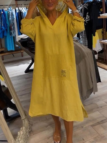 Damska sukienka na co dzień z kapturem, w jednolitym kolorze, z bawełny i lnu