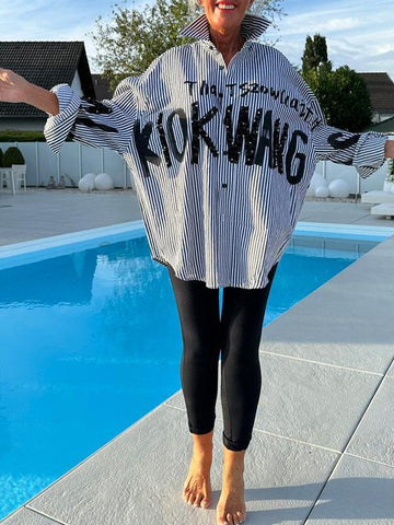 Damska koszula w paski, na co dzień z klapami i literami