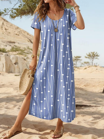 Damska sukienka casualowa z krótkim rękawem i rozcięciem, długa sukienka letnia