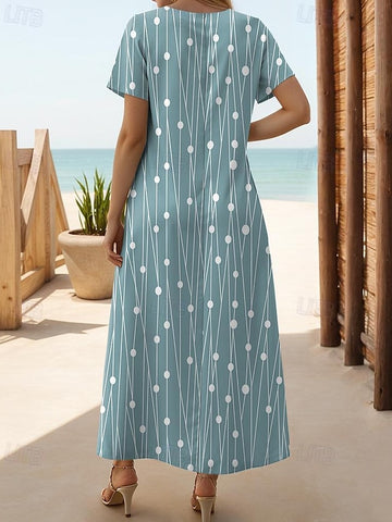 Damska sukienka casualowa z krótkim rękawem i rozcięciem, długa sukienka letnia