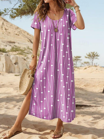 Damska sukienka casualowa z krótkim rękawem i rozcięciem, długa sukienka letnia