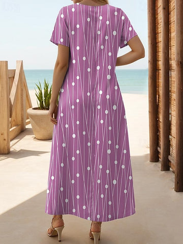 Damska sukienka casualowa z krótkim rękawem i rozcięciem, długa sukienka letnia