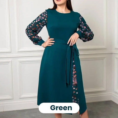 Damska elegancka sukienka z długim rękawem i nadrukiem