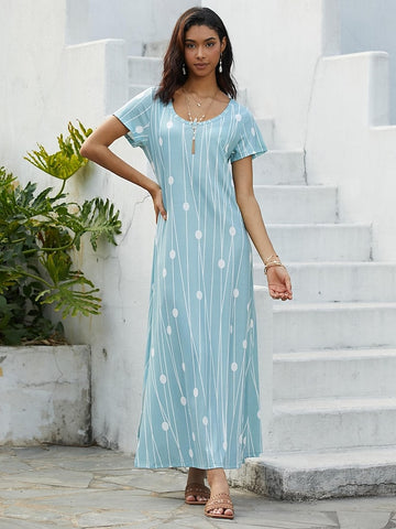 Damska sukienka casualowa z krótkim rękawem i rozcięciem, długa sukienka letnia